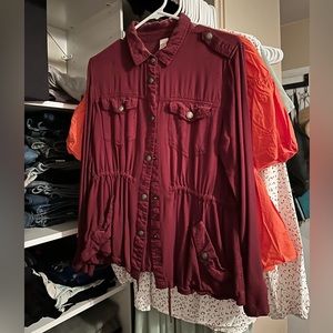 Maroon button up shirt with cinched waist